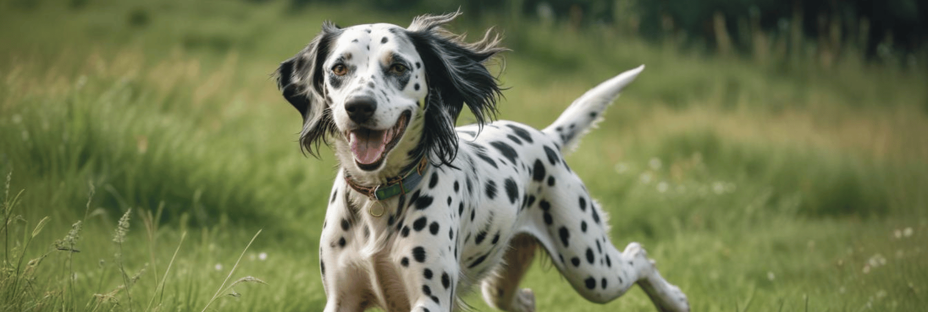 Long Haired Dalmatian running in a garden happily.